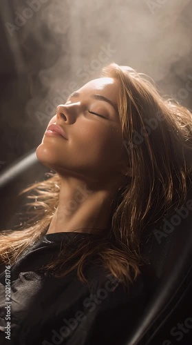 Serene woman with wet hair closes her eyes in a spa setting bathed in warm light a moment of relaxation and self-care for beauty wellness and mindful living