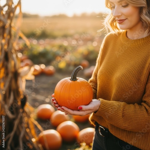 Woman Holding Pumpkin in a Field During Autumn.