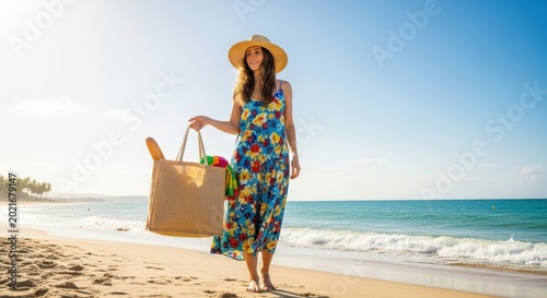 Woman in Floral Dress Walking on Sandy Beach.