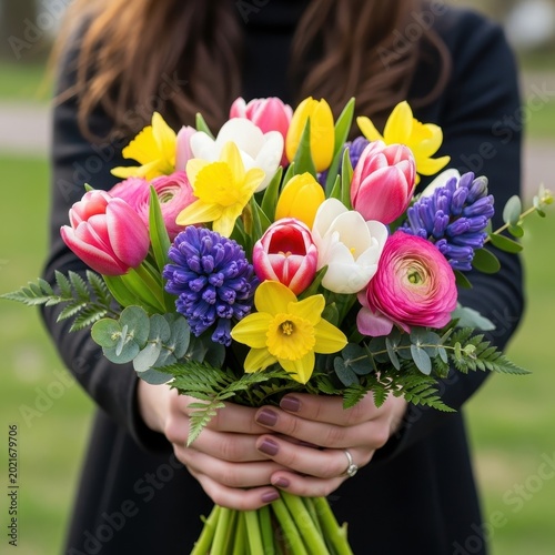Woman holding a vibrant bouquet of spring flowers outdoors.