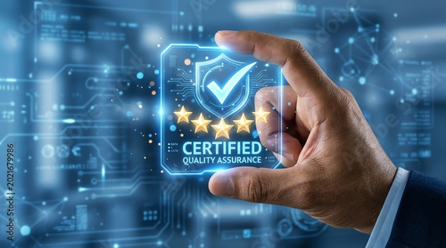 Hand holding glowing digital screen displaying a certified quality assurance badge with five stars, symbolizing excellence, high standards, and successful business management in a technological era