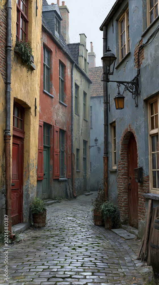 Fototapeta premium Exploring the Historic Charm of European Cobblestone Alleys: Picturesque Travel Photography in Atmospheric Urban Landscapes