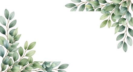 Watercolor eucalyptus leaf branch frame corners on white background with watercolor eucalyptus botanical decoration invitation greeting illustration
