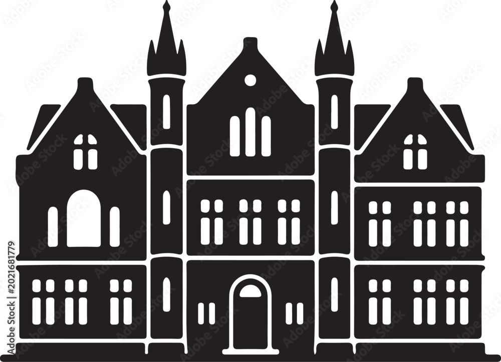 Fototapeta premium A clean black and white vector illustration of a historic heritage building featuring intricate architectural details, towers, and symmetrical design.