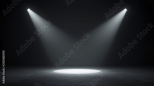 Two bright spotlights illuminate a dark stage with a circular pool of light on the floor
