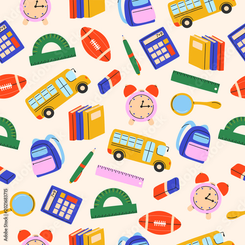 Seamless pattern with school supply. Vector background with education icon. Back to school concept design for stationery.