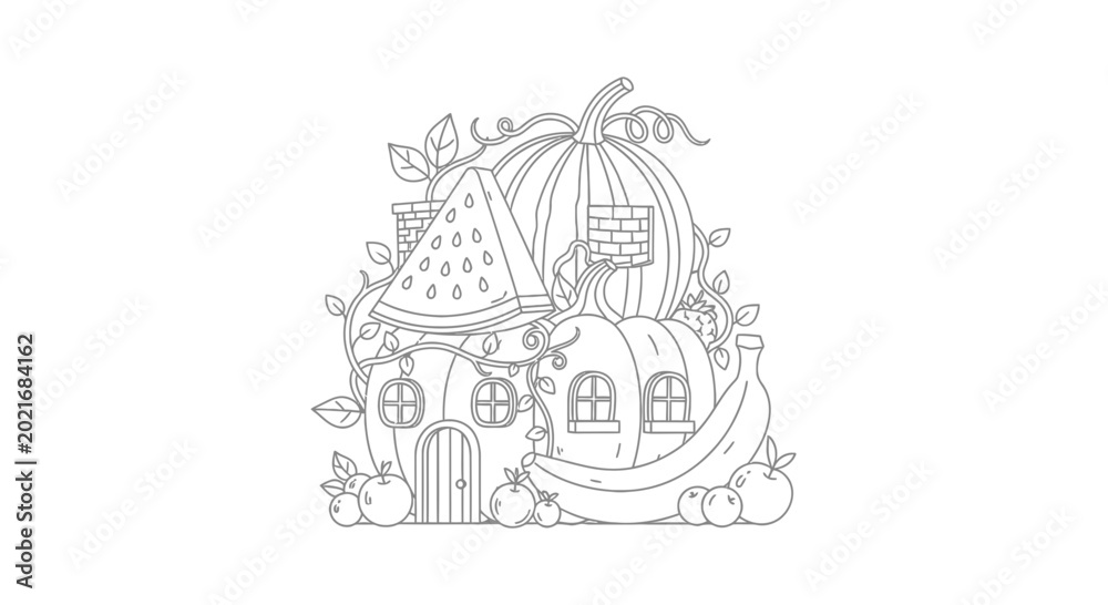 Obraz premium Whimsical Fruit House Coloring Page: Pumpkin, Watermelon, Banana, Apples