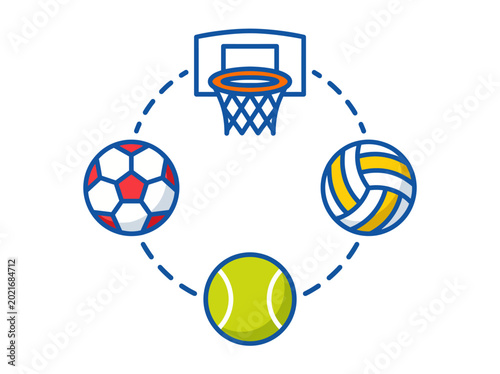 Foto This graphic represents diverse sports equipment, such as soccer balls, volleyballs, and tennis balls, underscoring teamwork, competition, and athleticism associated with sports