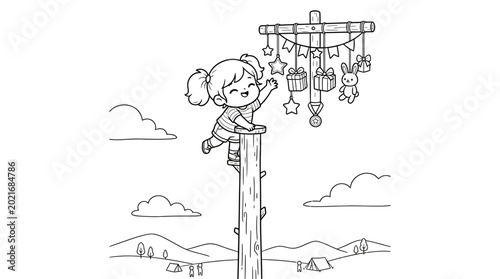Fotografie Little girl climbing telephone pole.