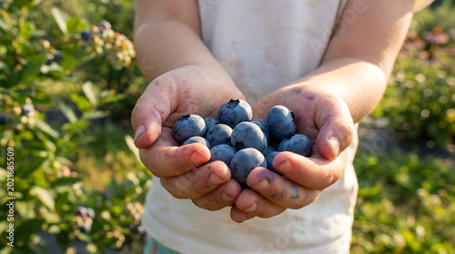 Child's hands overflowing with freshly picked blueberries in a sunlit outdoor setting