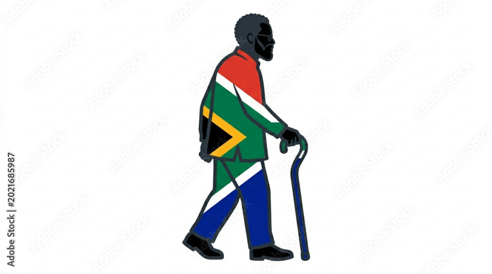 Fototapeta premium Elderly man walking with cane draped in south african flag colors symbolizing national pride and resilience