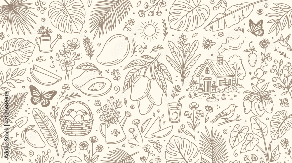 Fototapeta premium Charming Hand-Drawn Tropical Pattern with Mangoes, Leaves, and a Cozy Cottage.