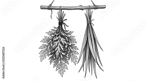 Obraz na płótnie Bunches of Herbs Hanging from Stick.