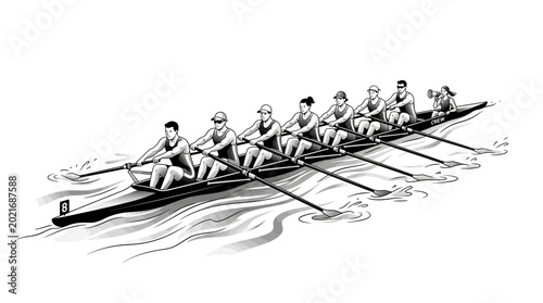 Tableau sur toile Eight men rowing in a boat.