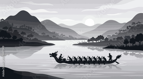 Foto People rowing a dragon boat on water.