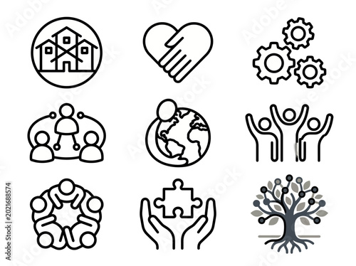 Photos This image showcases a collection of icons symbolizing community, collaboration, and connection, emphasizing the importance of teamwork and shared values in society