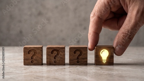Unlocking new possibilities A hand places a glowing light bulb block among question mark cubes, symbolizing problem-solving, innovation, and discovering creative solutions for business challenges