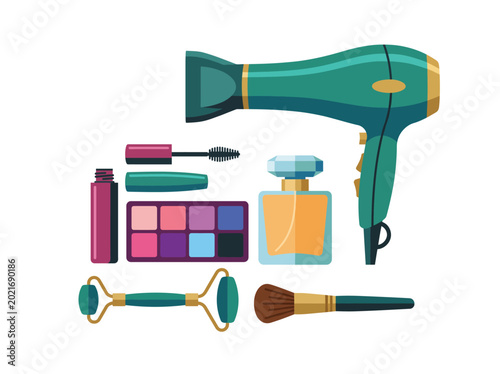 Fotografía This elegant image features a collection of beauty tools and accessories, including a hairdryer and makeup products, ideal for beauty blogs, salons, or cosmetic advertising