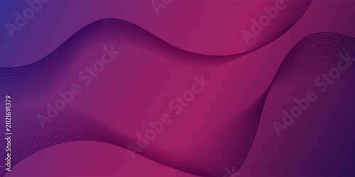 Abstract purple and magenta gradient background with flowing wave lines and 3D layered shapes.