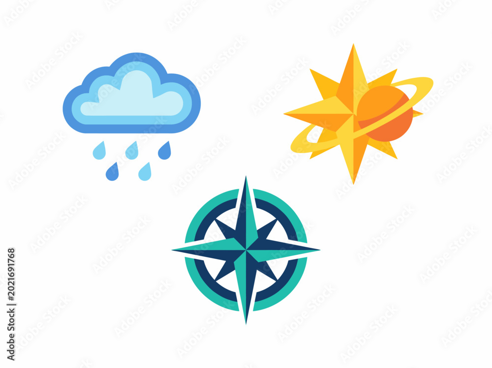 Fototapeta premium A vibrant display of weather symbols including clouds, sun, and compass, representing nature's elements and guiding travelers in their outdoor adventures.