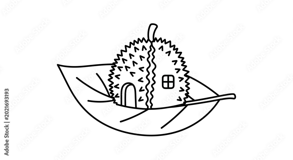 Naklejka premium Whimsical Durian House on a Leaf Boat