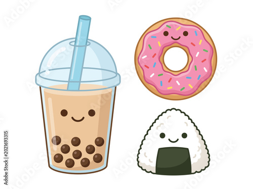 Canvas Print This adorable collection of food icons features a bubble tea, donut, and sushi, embodying the whimsical charm of kawaii culinary art in vibrant and joyful colors