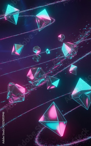 Neon lit pink and blue glowing crystal shapes floating in dark space with streaks of light