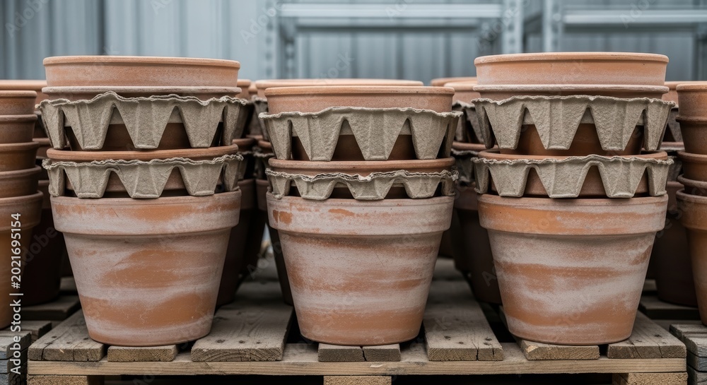Fototapeta premium Terracotta pots stacked with biodegradable trays on wooden pallet for planting