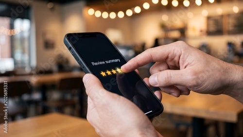 Customer reviewing a restaurant with a 5-star rating on a smartphone app, highlighting positive feedback and excellent service