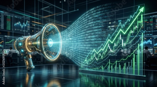 Futuristic digital megaphone broadcasting financial data, glowing stock market growth charts, high-tech trading room with binary code visualization