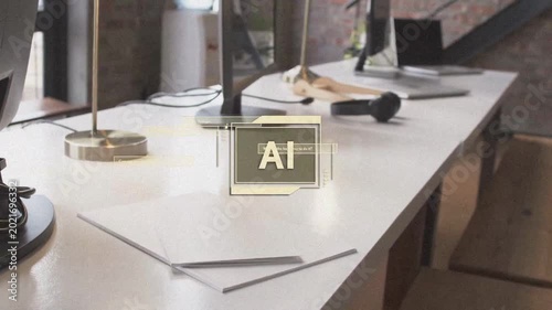 AI HUD graphic appearing on load, brightening, pulsing while callouts sliding to label desk objects