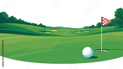 Golf ball near flag on green course