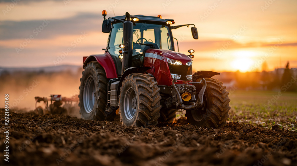 Obraz premium Golden Hour on the Farm: A robust tractor cuts through a field during the enchanting golden hour, signifying hard work and agricultural progress.