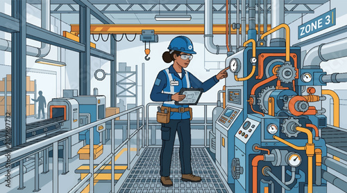 A female industrial engineer monitoring complex machinery in a manufacturing plant.