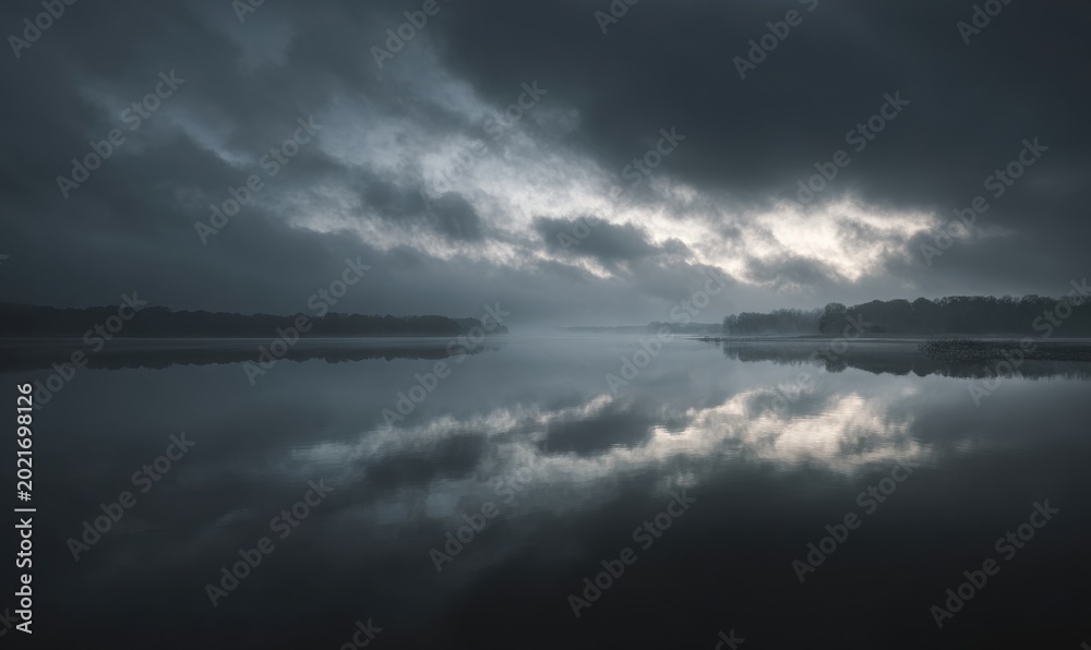 Fototapeta premium Dramatic sky mirrors perfectly in still lake waters