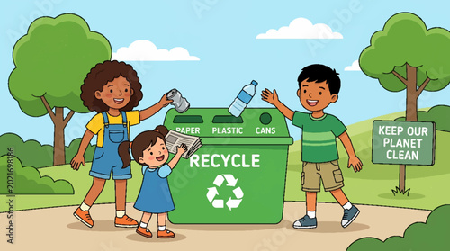 Diverse group of happy children recycling waste into a green bin.