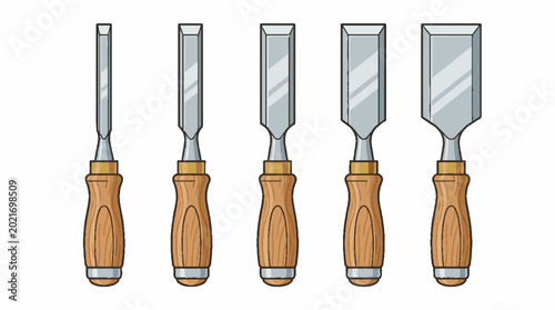 Set of five different sizes of wood chisels with wooden handles.