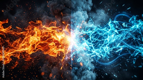 Φωτογραφία An illustration featuring a vertical flame frame effect where blue and orange flames collide