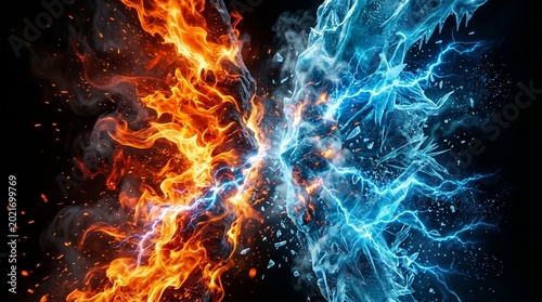 An illustration featuring a vertical flame frame effect where blue and orange flames collide.
