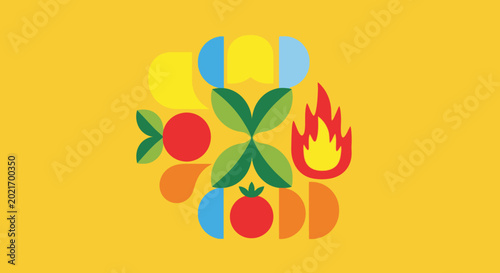 Minimalist culinary icons with tomato fish and fire on yellow