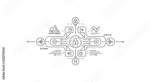 Minimalist cybersecurity infographic with data analytics and security icons