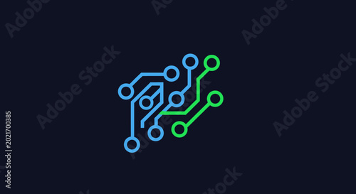 Minimalist digital circuit network on dark blue background