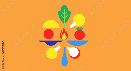 Minimalist flat culinary icons and fresh ingredients on orange background