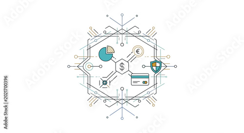 Minimalist financial technology icons with banking and security symbols