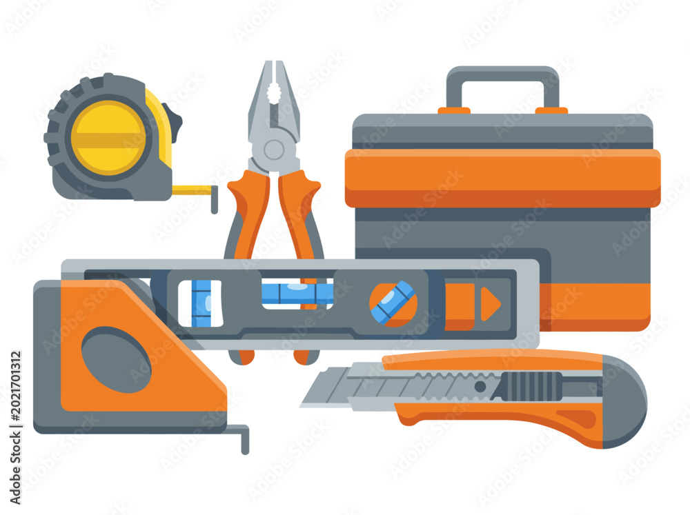 Naklejka premium An assortment of essential construction tools including a measuring tape, pliers, and a toolbox, symbolizing DIY projects and craftsmanship in home improvement.
