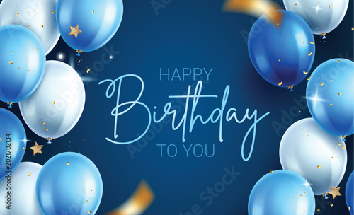 Happy Birthday greeting blue banner clipart. Happy Birthday greeting text in blue background with elegant balloons decoration elements clip art for Birthday party celebration copy space banner 