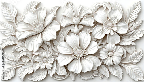 Bas-relief, white flowers on a white background. Floral decorative panel.