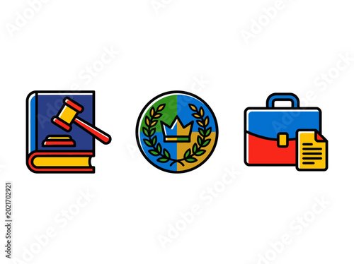 Fotografi This image showcases legal tools including a gavel, a badge, and a briefcase highlighting authority, justice, and professionalism for legal concepts and services