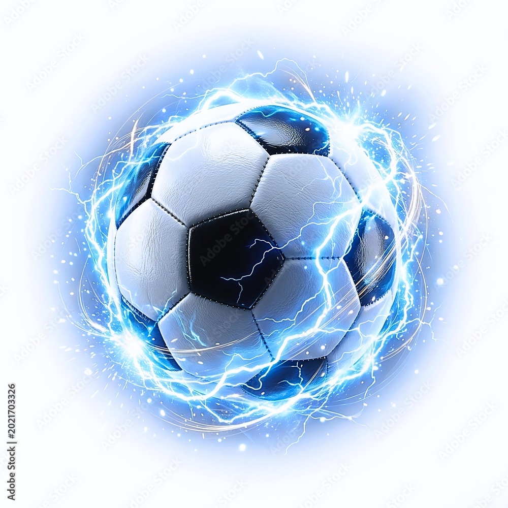 Fototapeta premium Soccer Ball with Blue Lightning Energy Sparks, Dynamic Football Championship Power Concept