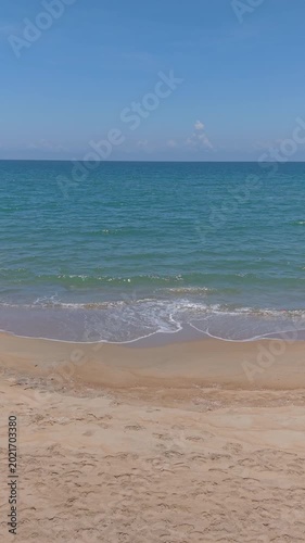 Summer seascape beautiful waves, blue sea water in sunny day. Royalty high-quality free best stock of tranquil beach with turquoise waves splashing, sand shore. Aerial view, tropical nature background